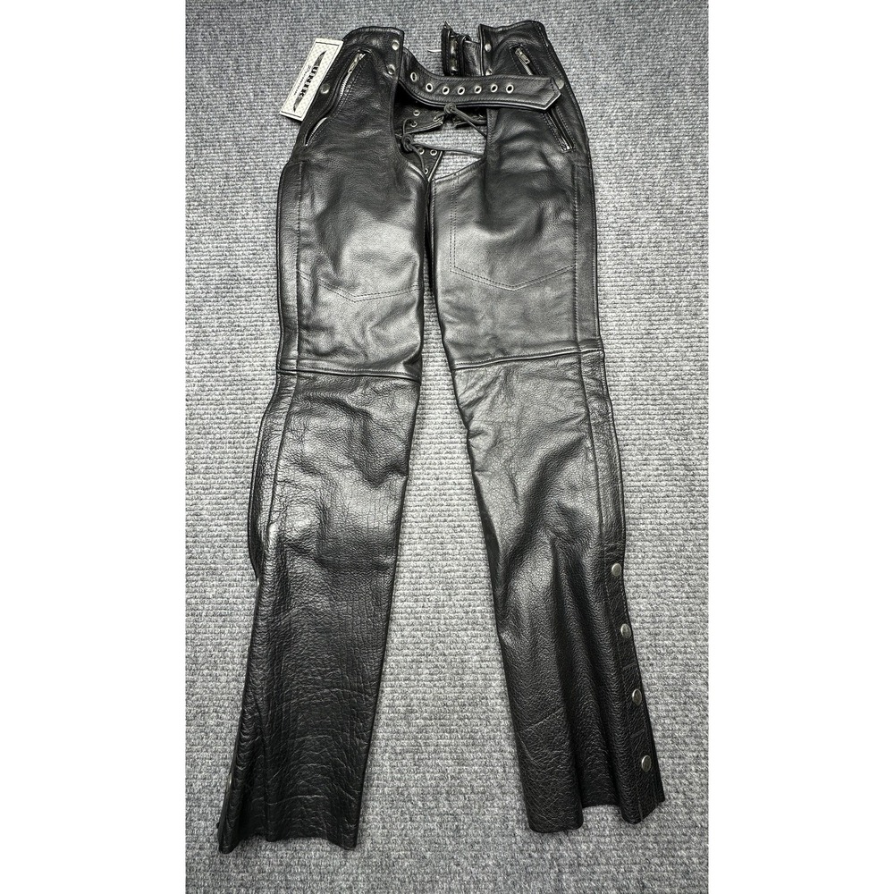 UNIK Premium Leather Motorcycle Chaps Mens 2XS Black Snap‎ Out Liner Spandex